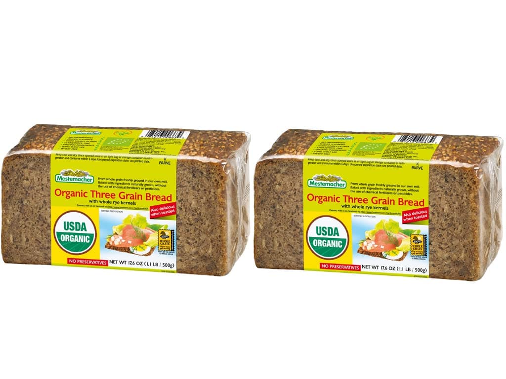 Mestemacher Whole Grain Bread (Organic Three Grain, 17.6 oz, pack of 2)