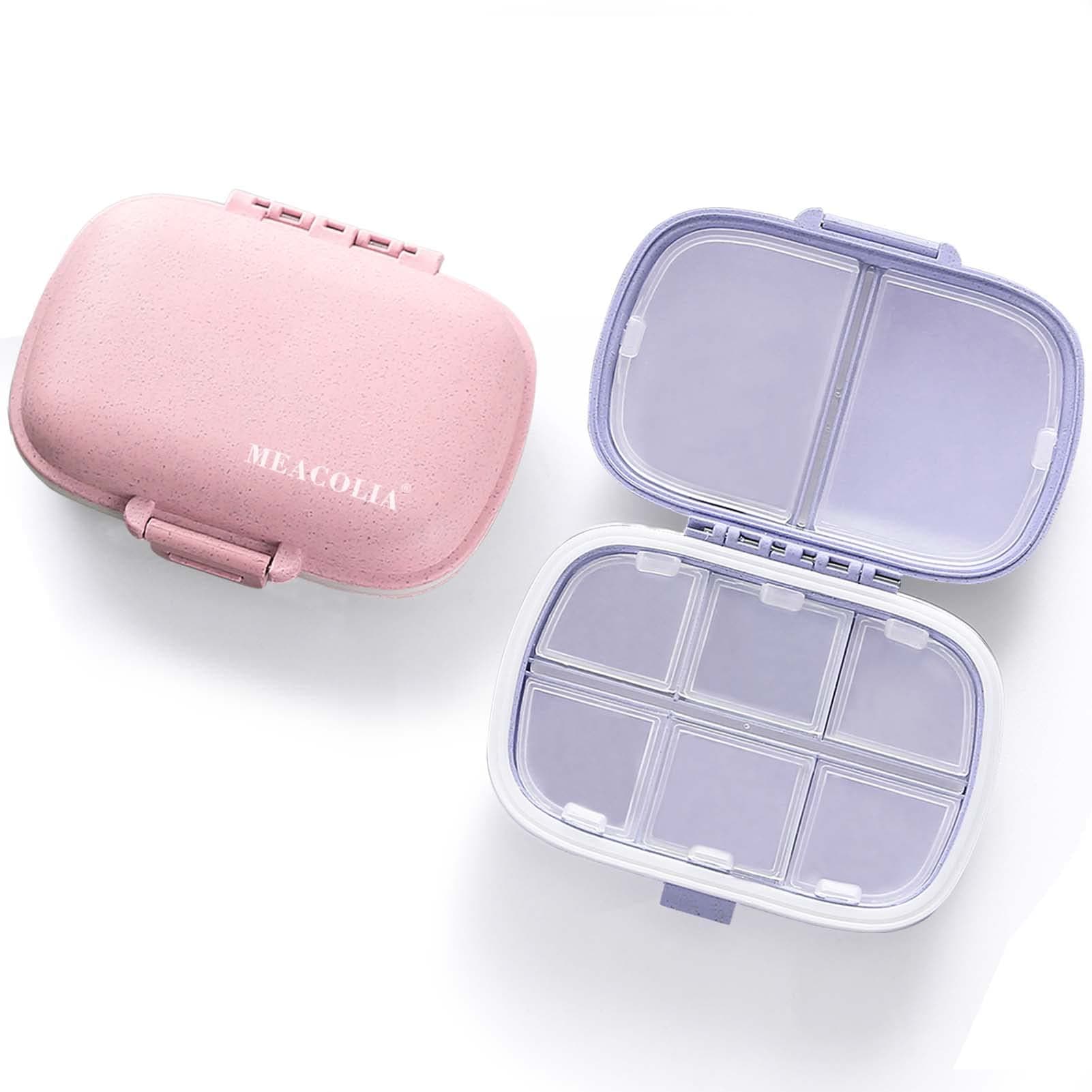 MEACOLIA2 Pack 8 Compartments Travel Pill Organizer Box Moisture Proof Small Pill Case for Pocket Purse Daily Pill Holder Container for Medicine Vitamin (Purple & Pink)