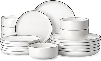 MALACASA 18-Piece Porcelain Dinner Set with Black Rim, Chip Resistant Plates and Bowls Set Modern Round Dinnerware Sets Tableware, Dishwasher & Microwave Safe, Ivory White, Series Luna