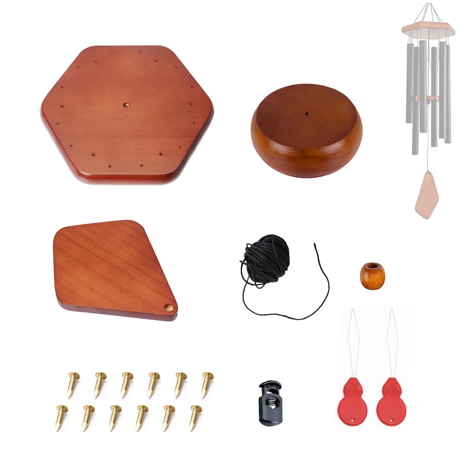 Wind Chime Parts Replacement, 20 PCS Wind Chime Repair Kit Including Hexagon Top, Clapper, Wind Catcher, 16.4FT Nylon Cord, Brass Pin, Wind Chime Supplies for DIY Wind Chimes Making and Restring