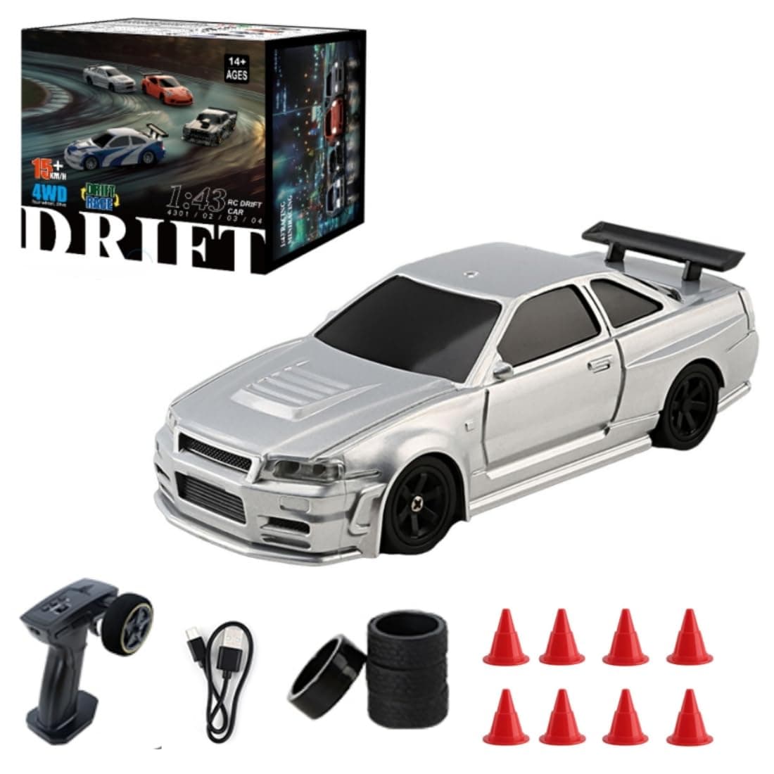 Mini RC Electric Racing Car 4WD with Lights, High Speed Vehicle for Adults - RTR Version, 4304 (Silver)