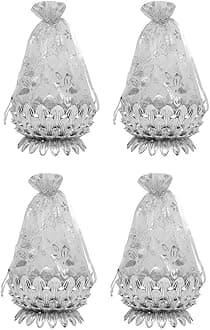 AASA Decorative Net Potli Baskets for Wedding Gift Basket for Packing Shagun Potli Bags for Return Gifts Pack of 1 (Silver, Set of 4Pcs)
