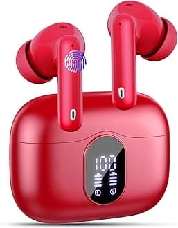 Wireless Earbuds, Bluetooth 5.3 Headphones In Ear with 4 ENC Noise Cancelling Mic, LED Display New Bluetooth Earbuds Mini Deep Bass Stereo Sound, 36H Playtime, Wireless Earphones IP7 Waterproof, Red