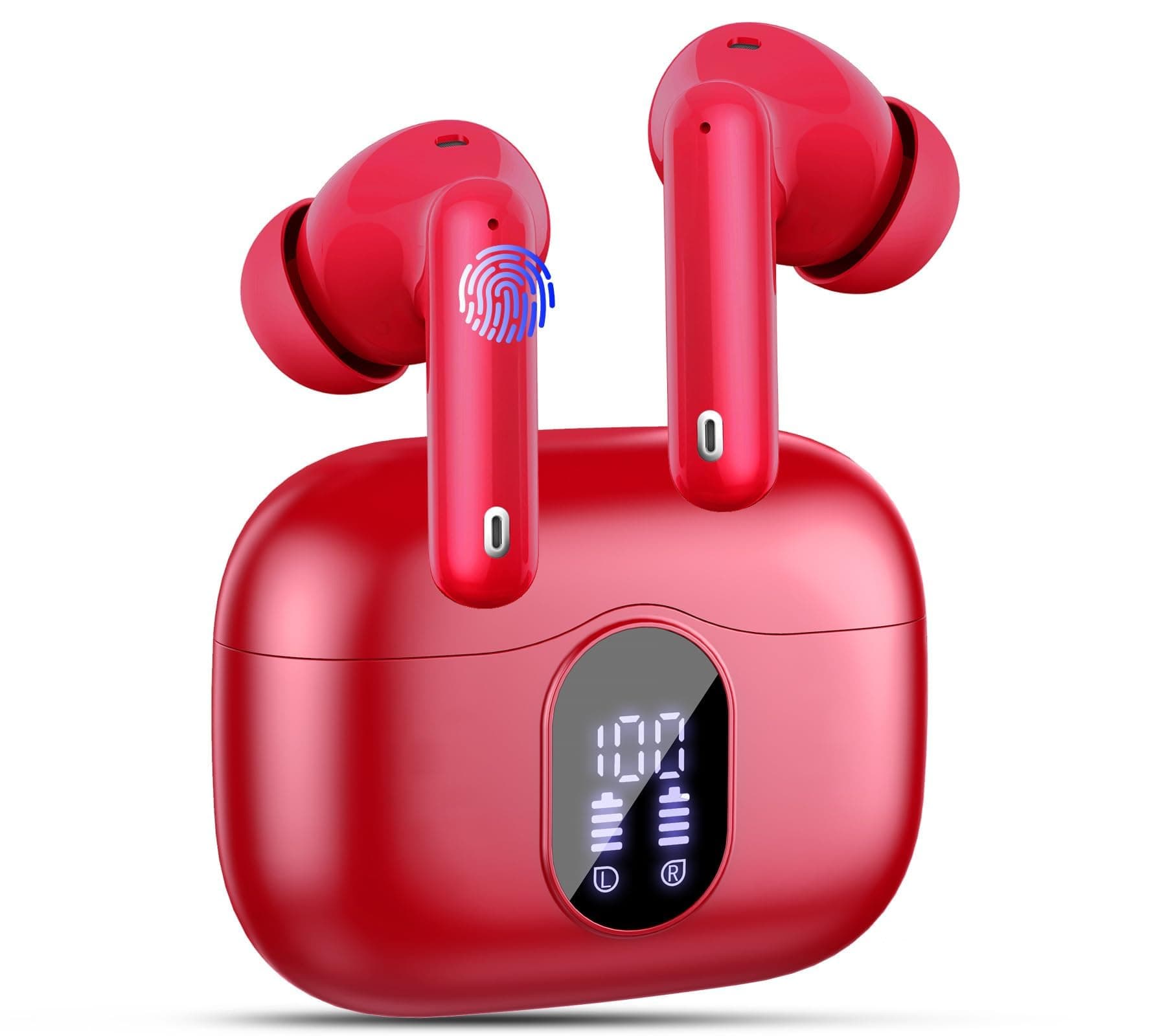 Wireless Earbuds, Bluetooth 5.4 Headphones In Ear with 4 ENC Noise Cancelling Mic, LED Display New Bluetooth Earbuds Mini Deep Bass Stereo Sound, 36H Playtime, Wireless Earphones IP7 Waterproof, Red