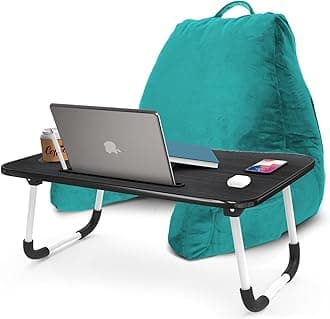 Nestl Reading Pillow with Portable Laptop Lap Desk - Shredded Memory Foam Back Support Pillow for Sitting Up in Bed and Couch Rest Pillows with Arms, Bed Tray Table with Foldable Legs, Teal