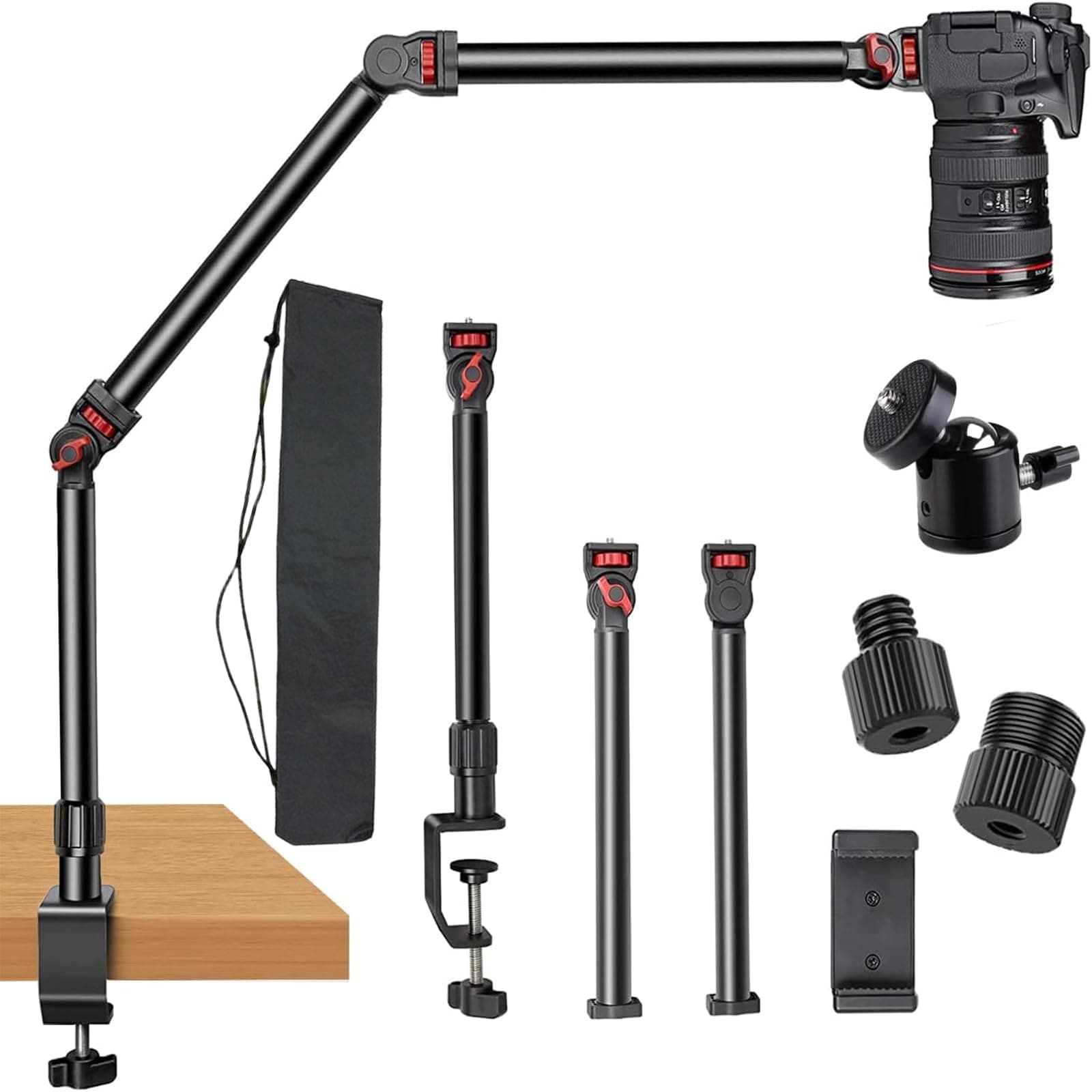 Overhead Camera Mount Desk Stand, 3-Section Flexible Detachable Articulating Arm with 1/4“ 3/8" 5/8" Screw&360° Ball Head, C-clamp Tabletop Mount for DSLR Camera/Webcam/Microphone/Lights