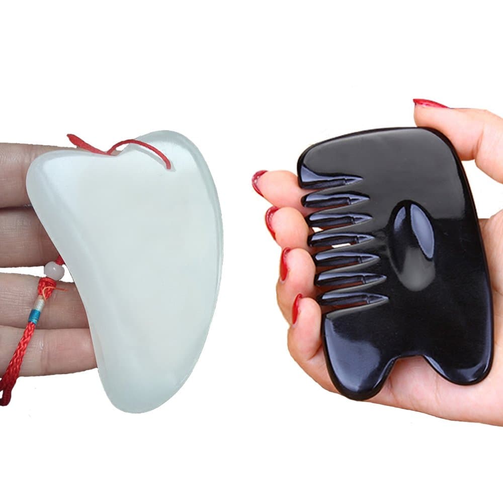 Gua Sha Tools Natural Jade Stone and Natural Ox Horn Comb Head Dredge Meridian Massage Health Comb Gua Sha Scraping Massage Tools