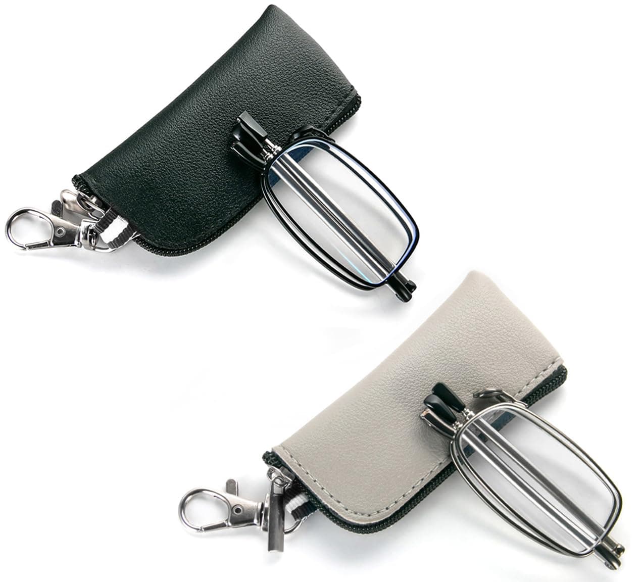 REAVEE 2 Pack Folding Reading Glasses for Men Women with Keychain Compact Bags Blue Light Blocking Portable Pocket Computer Readers,Black and Grey 2.0