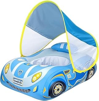 Toddler Pool Float Inflatable Car Baby Swim Float with Adjustable Sun Canopy and Safety Seat Pool Toys for Kids 3 Years Old +