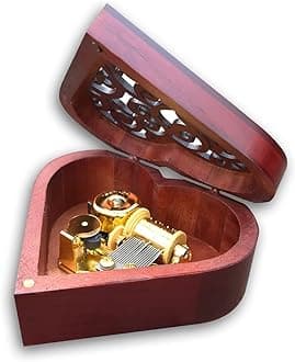 BinkeGG Play (I Believe) Brown Wooden Heart Shape Hollow Out Music Box with Sankyo Musical Movement (65 Tunes Option)