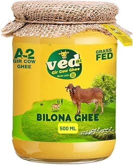 Ved A2 Gir Cow Desi Ghee 500ml Glass Jar, Made with Vedic Bilona Method, Lab Tested Hand Churned Cow Ghee, Support Immune System & Digestive Health