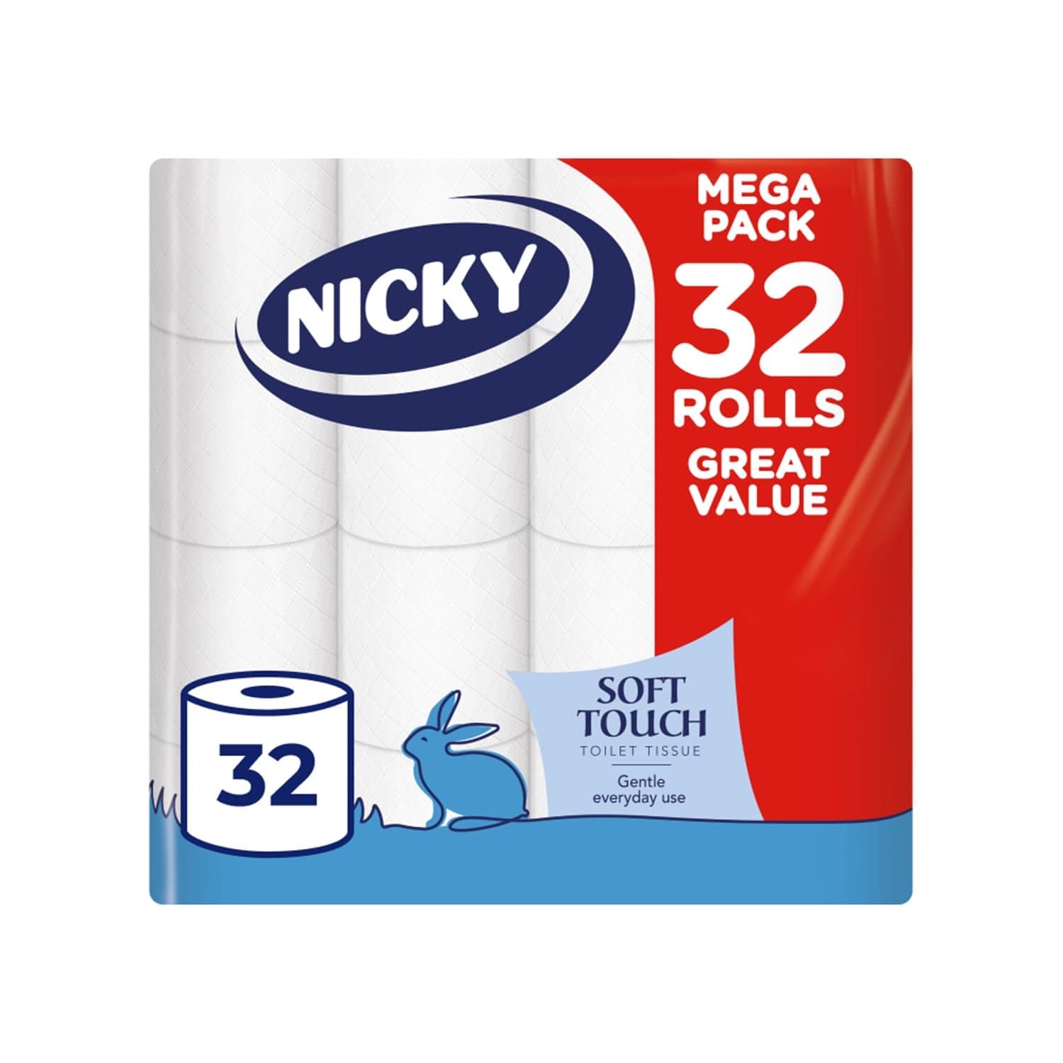 Nicky Soft Touch Toilet Tissue - 32 Rolls of Extra Gentle White Toilet Paper, 190 Sheets per Roll, 2-ply, Soft Tissue, Modern Embossing, Easy Opening, 100% FSC Certified Paper