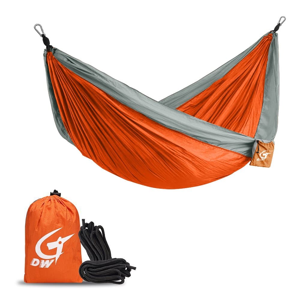Double Parachute Camping Hammock Lightweight & Portable Hammock for Backpacking,Hiking,Travel,Beach,Yard-Tree Straps & Steel Carabiners Included (Oranage/Gray)