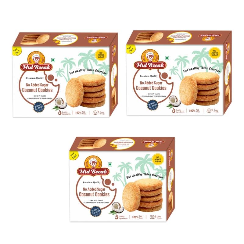 MidBreak Sugar-Free Coconut Biscuits - High Fiber Gut-Friendly Low Glycemic Index Cookies Tasty Healthy Snacks Pack of 3