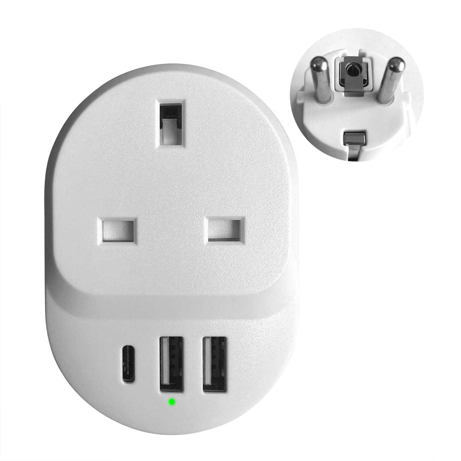 UAE/KSA/UK to EU Travel Plug Adapter with 2xUSB+1xType C Ports, Compact Wall Extender Power Socket, Output 18W, Electric Safety Protection and Fire Retardant for Travel, Office and Home