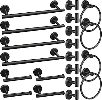 20pcs Bathroom Hardware Set, Matte Black Stainless Steel Bathroom Hardware Set, Including 16" Hand Towel Bars, Toilet Paper Holders, Towel Rings, Robe Towel Hooks
