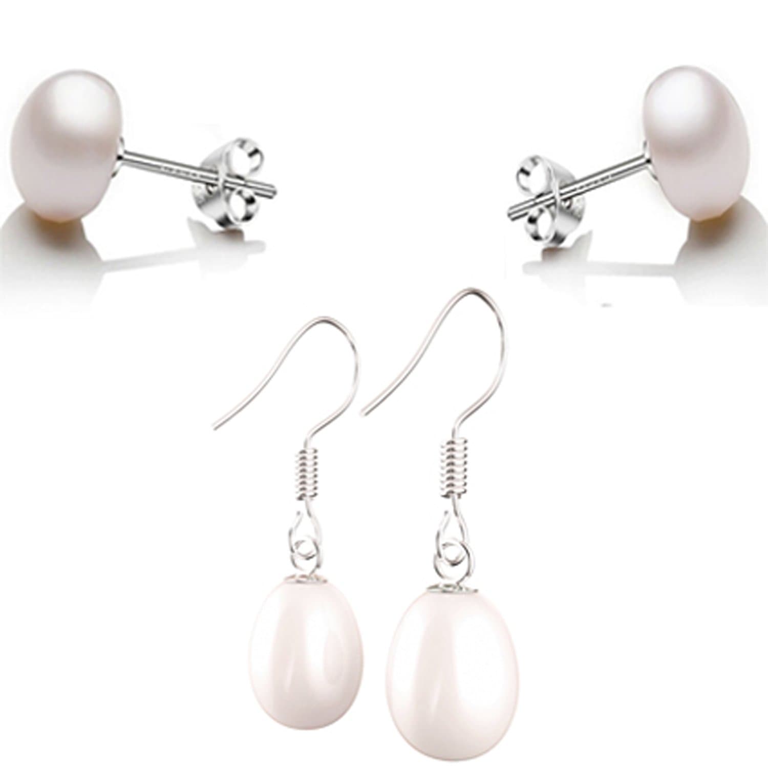 Pearl Earrings Studs Set Silver White Freshwater Dangle Earings Christmas Gift for Women
