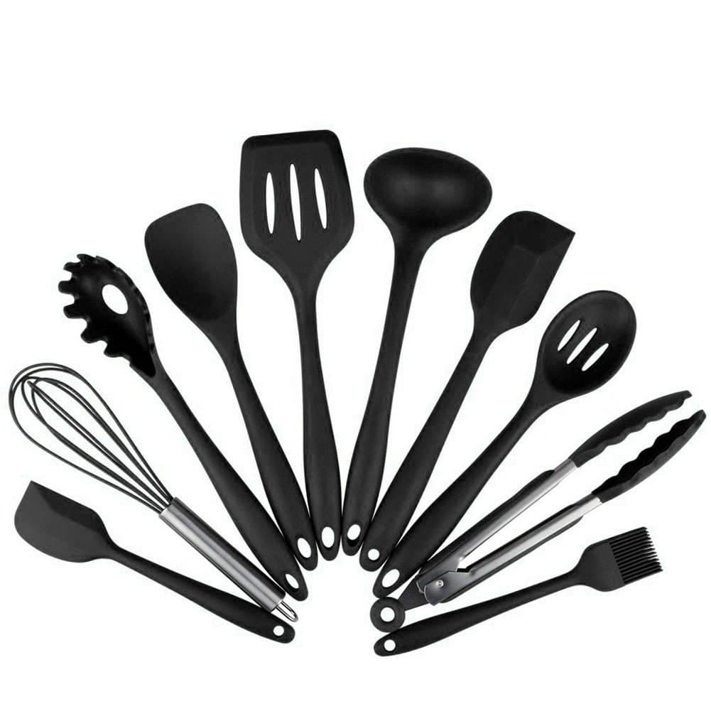 10 Piece Silicone Kitchen Utensils Set, BPA Free Cooking & Baking Set Contains 2xSpatula Cooking Spoon Ladle Turner Spaghetti Spoon Serving Spoon Whisk Tongs Pastry Brush(10 PCS Black)