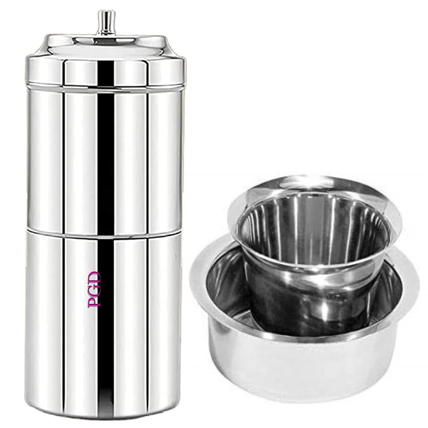 PGD Stainless Steel Drip Coffee Brewer for South Indian Filter Coffee, 200 ML Capacity, Medium Size 2, Traditional Decoction Dripper for Home & Kitchen (Medium Size 2 with Dabra Set)
