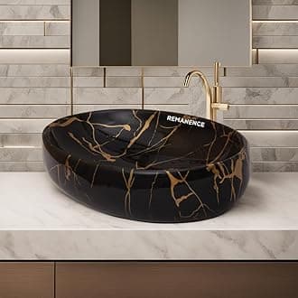 - REMANENCE Wash Basin Countertop | Tabletop Ceramic Bathroom Sink | Wash Basin Over Counter | Ceramic Wash Basin (Black N Gold Jelly)