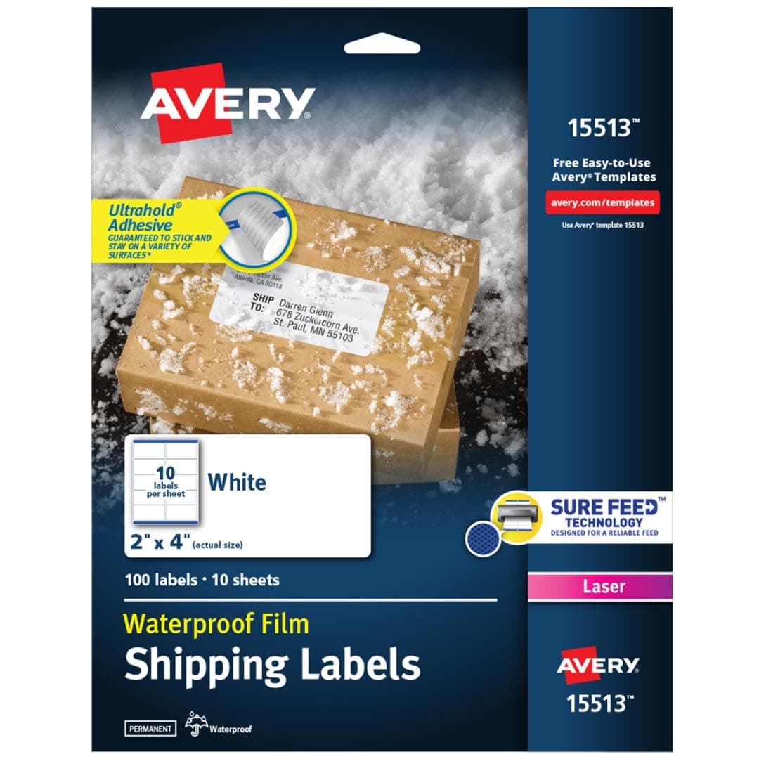 Avery WeatherProof Labels for Laser Printers, 2 x 4 Inch, White, Pack of 100 (15513)