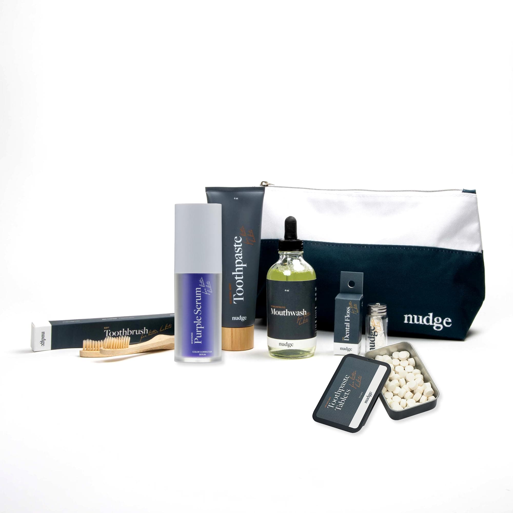 Oral Care Kit: Natural Mint n-Ha Toothpaste 4 oz, Alcohol-Free Mouthwash 4 oz, Silk Floss 30m, 2 Bamboo Toothbrushes, 62 Toothpaste Tablets, Purple Whitening Serum, Reusable Toiletry Bag