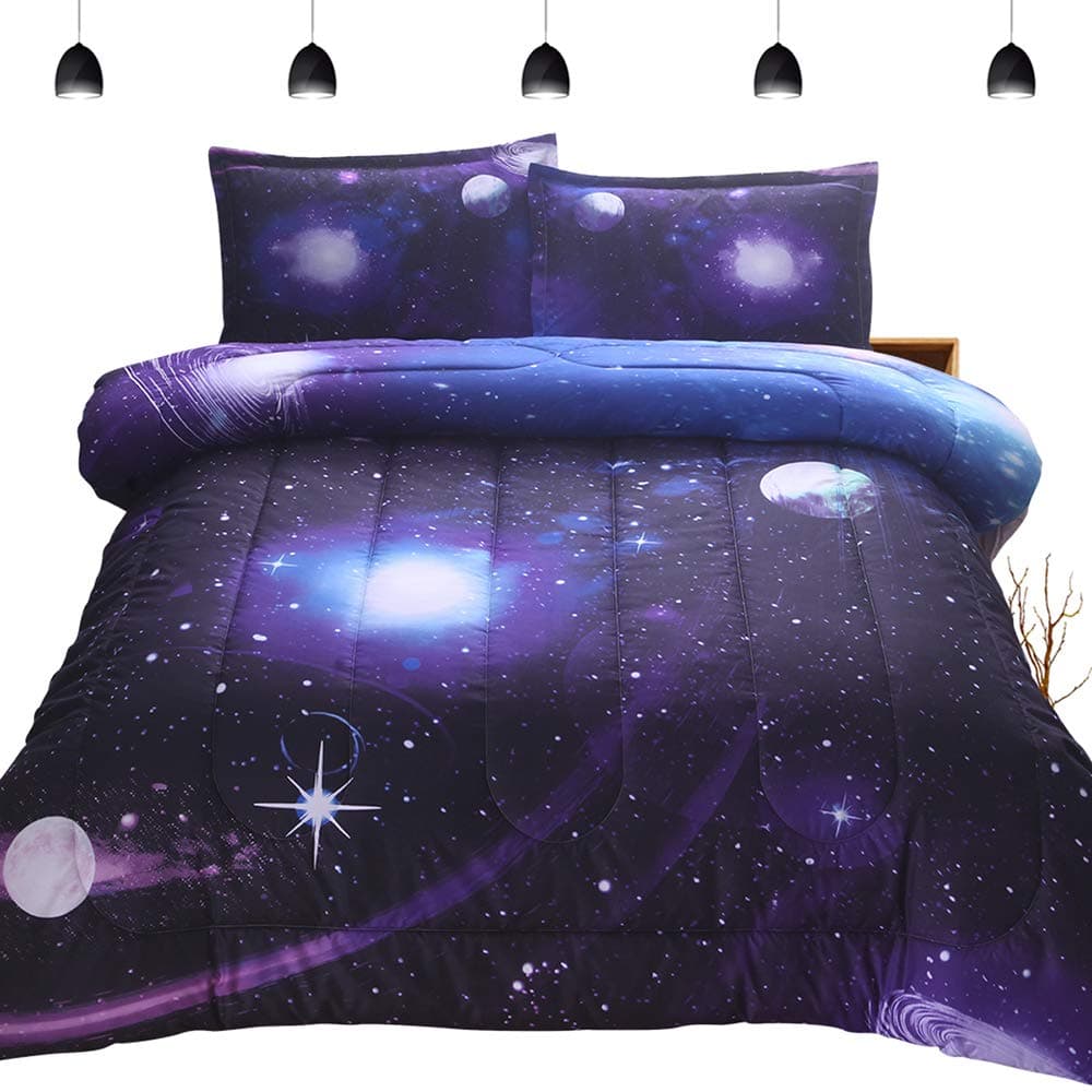PomCo Galaxy Comforter Full (79x90 Inch), 3Pcs(1 Galaxy Comforter & 2 Pillowcases) 3D Space Outer Sky Microfiber Bedding Set, Universe Planet Galaxy Comforter Set for Boy Girl Teen Kid