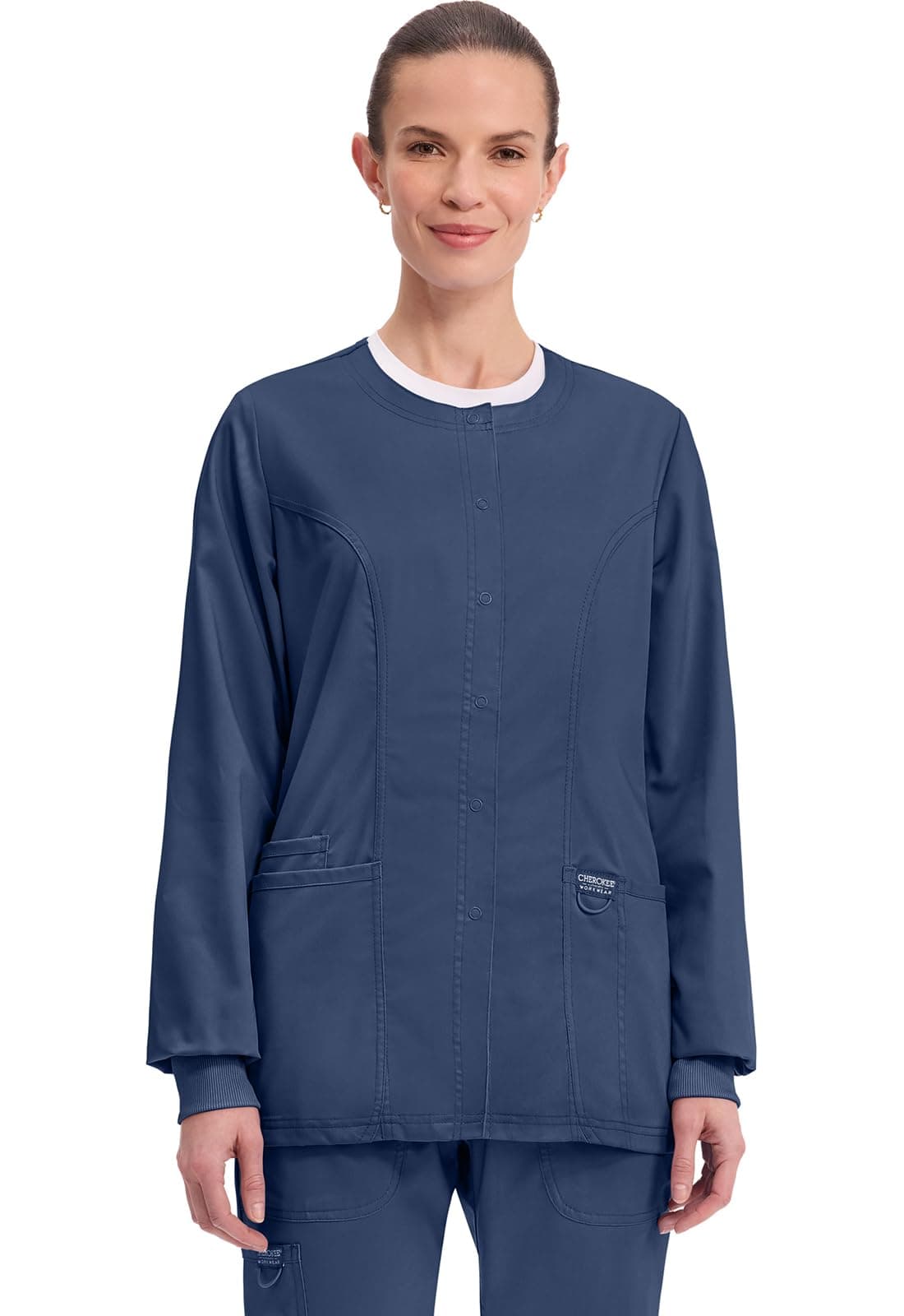 Cherokee Womens Scrub Jacket Nurse Snap Front Medical Uniform with Pockets, 2-Way Stretch, Easy Care Soft Fabric - WW310