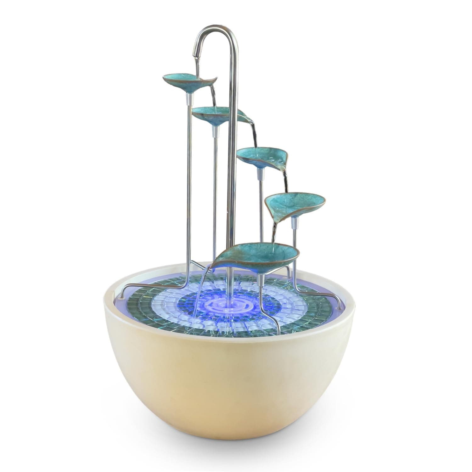 HYDRIA Large 45cm Verdigris Leaf Cascade Indoor Outdoor Water Feature, Battery Powered Fountain includes Glass Mosaic, Porcelain Bowl, Up to 100 Hours per Charge USB Charging, British Brand, Wireless