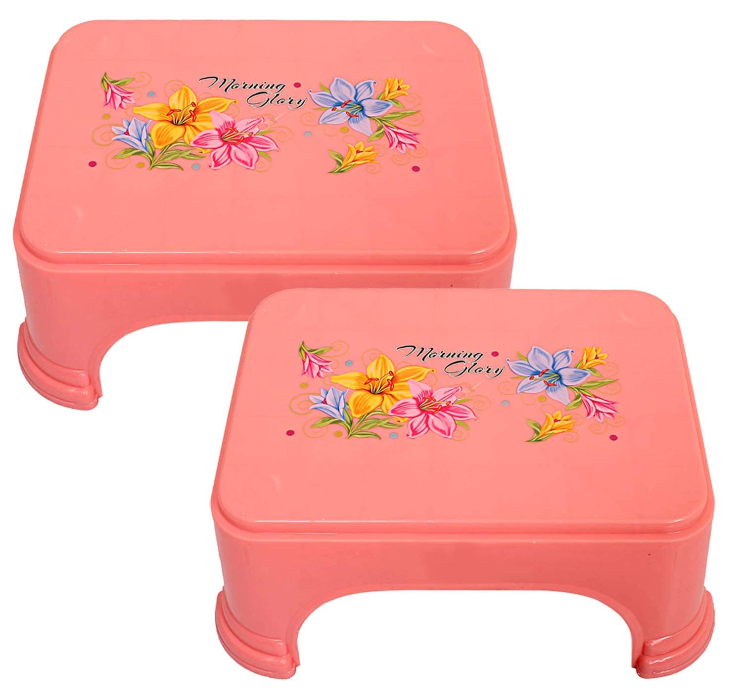 Kuber Industries Floral Print 2 Pieces Plastic Bathroom Stool, Adults Simple Style Stool Anti-Slip with Strong Bearing Stool for Home, Office, Kindergarten, Pink-KUBMART10865