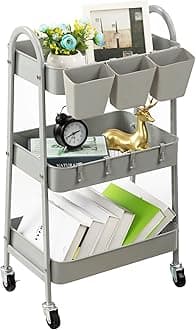 3-Tier Rolling Cart, Metal Rolling Storage Cart with Lockable Wheels & Hanging Cups & Hooks, Mobile Trolley Cart for Kitchen, Bathroom, Office, Workshop, Gray