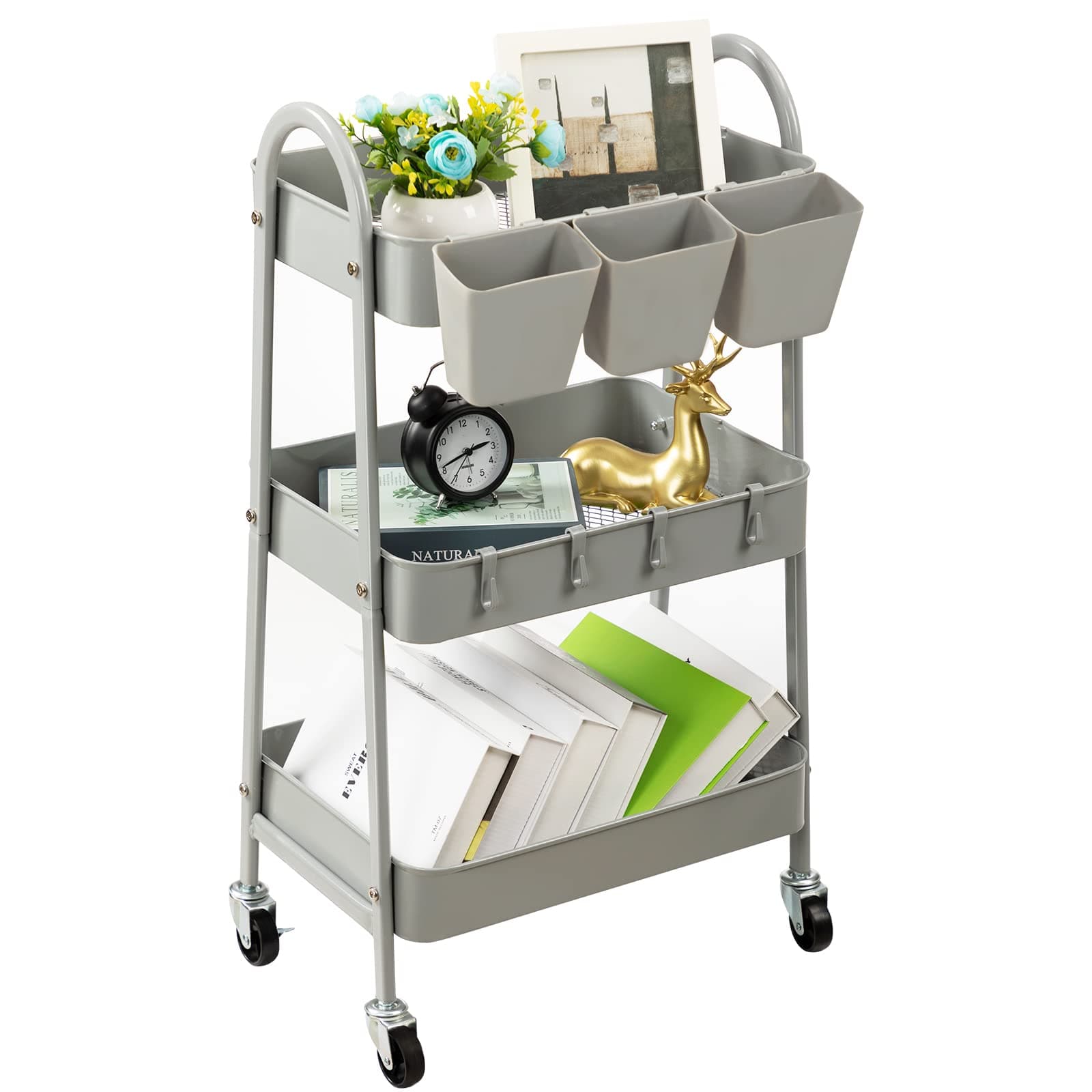 danpinera 3-Tier Rolling Cart, Metal Rolling Storage Cart with Lockable Wheels & Hanging Cups & Hooks, Mobile Trolley Cart for Kitchen, Bathroom, Office, Workshop, Gray