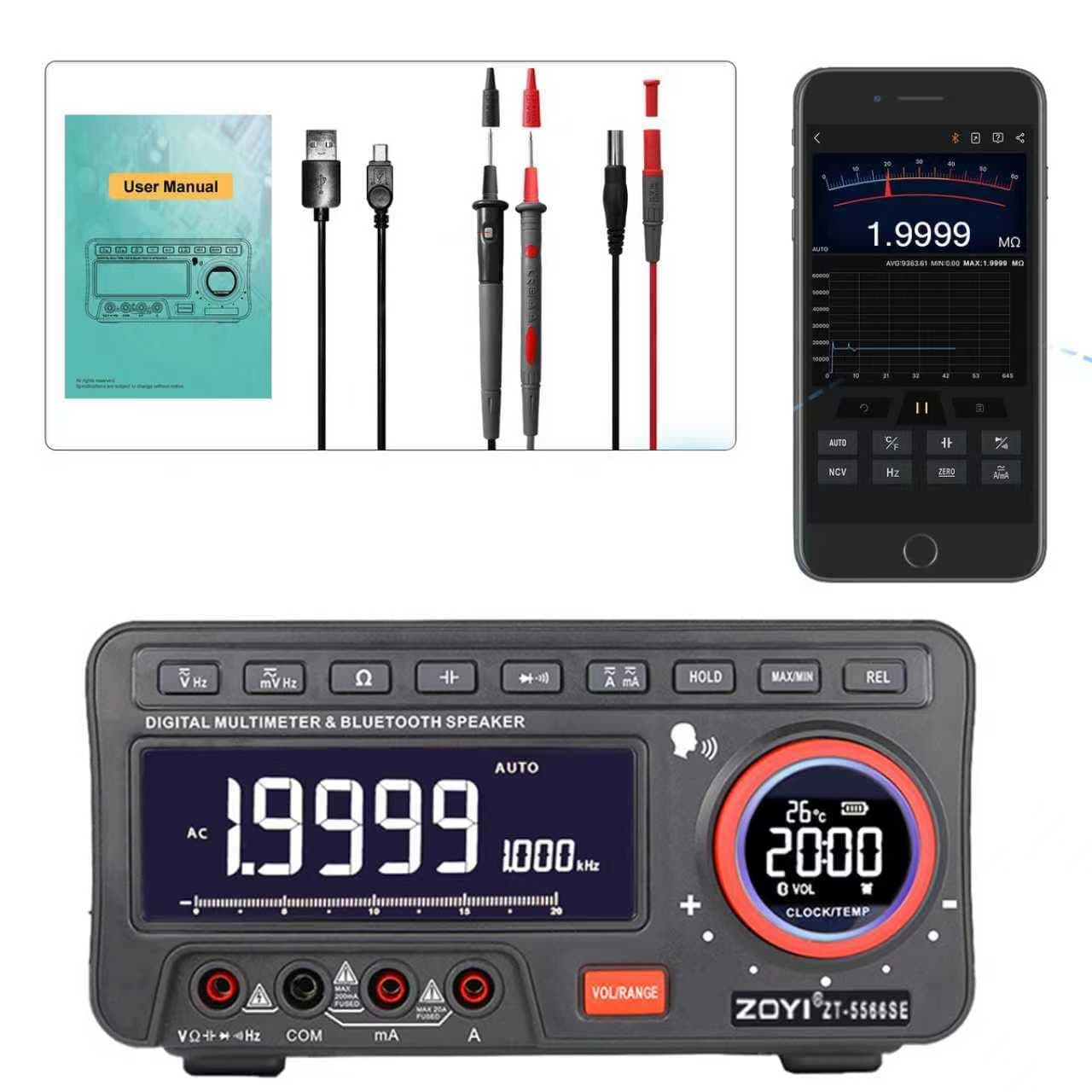 Zoyi 5566SE Digital Multimeter with Bluetooth Speaker, AC/DC Voltage Tester, Resistance, Capacitance, Temperature, Frequency Measurement, and Voice Broadcast for Home and Industrial Use