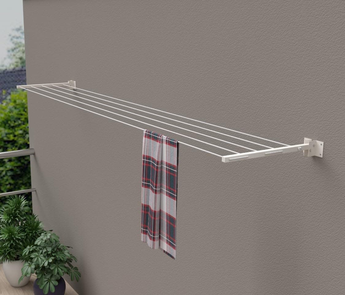 Powder Coated Metal Cloth Drying Stand Foldable for Wall Mounted/Mounting Clothes Drying Stand/Cloth Drying Racks for Bathroom/Balcony/Indoor/Outdoor with 50 Feet Rope (Pack of 1, Ivory)