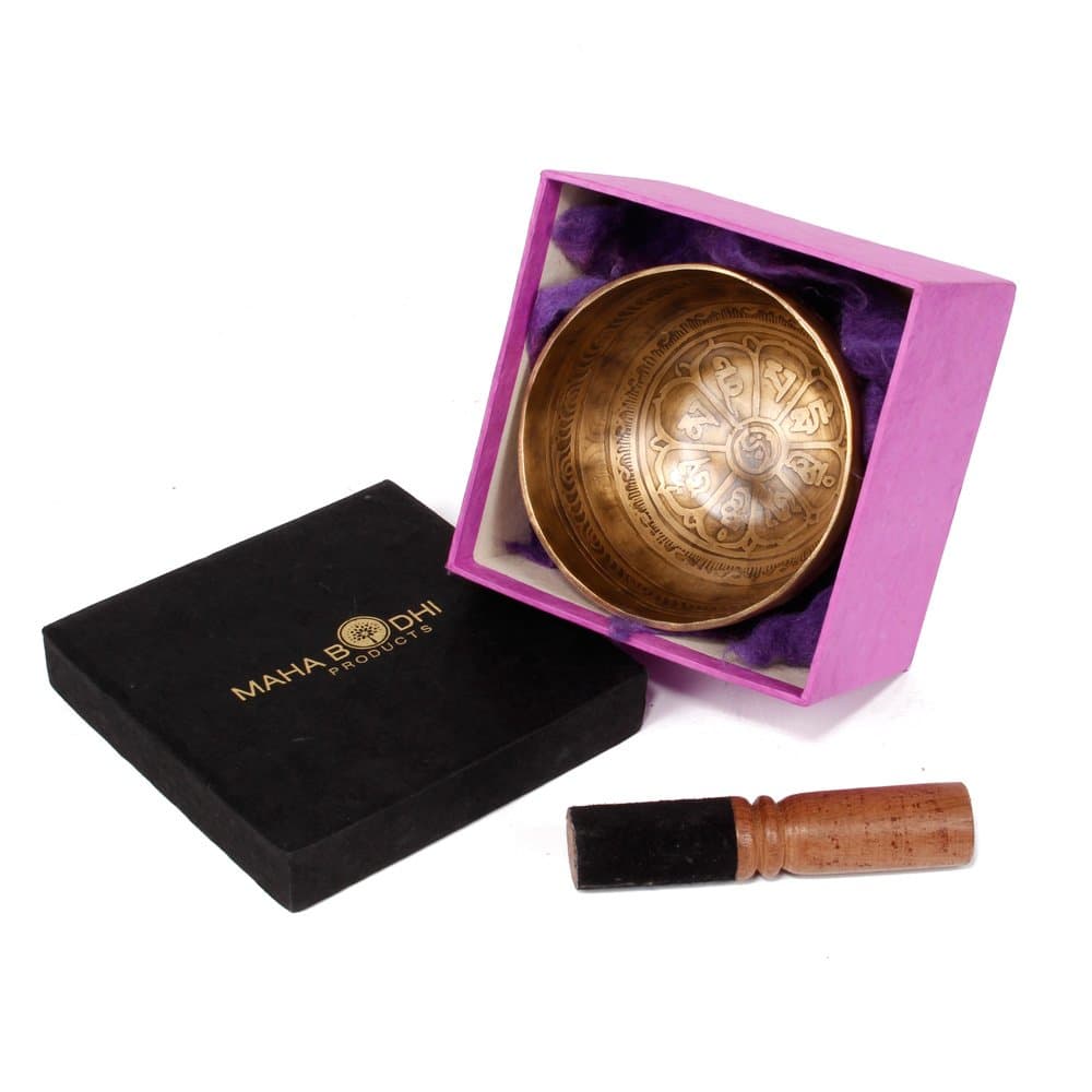 Tibetan Singing Bowl Set ~ Antique Etch Design ~ Maha Bodhi 5 Inch Wide Authentic Meditation Gong for Relaxation and Healing ~ Completely Hand Etched & Hand Carved ~ Perfect Gift