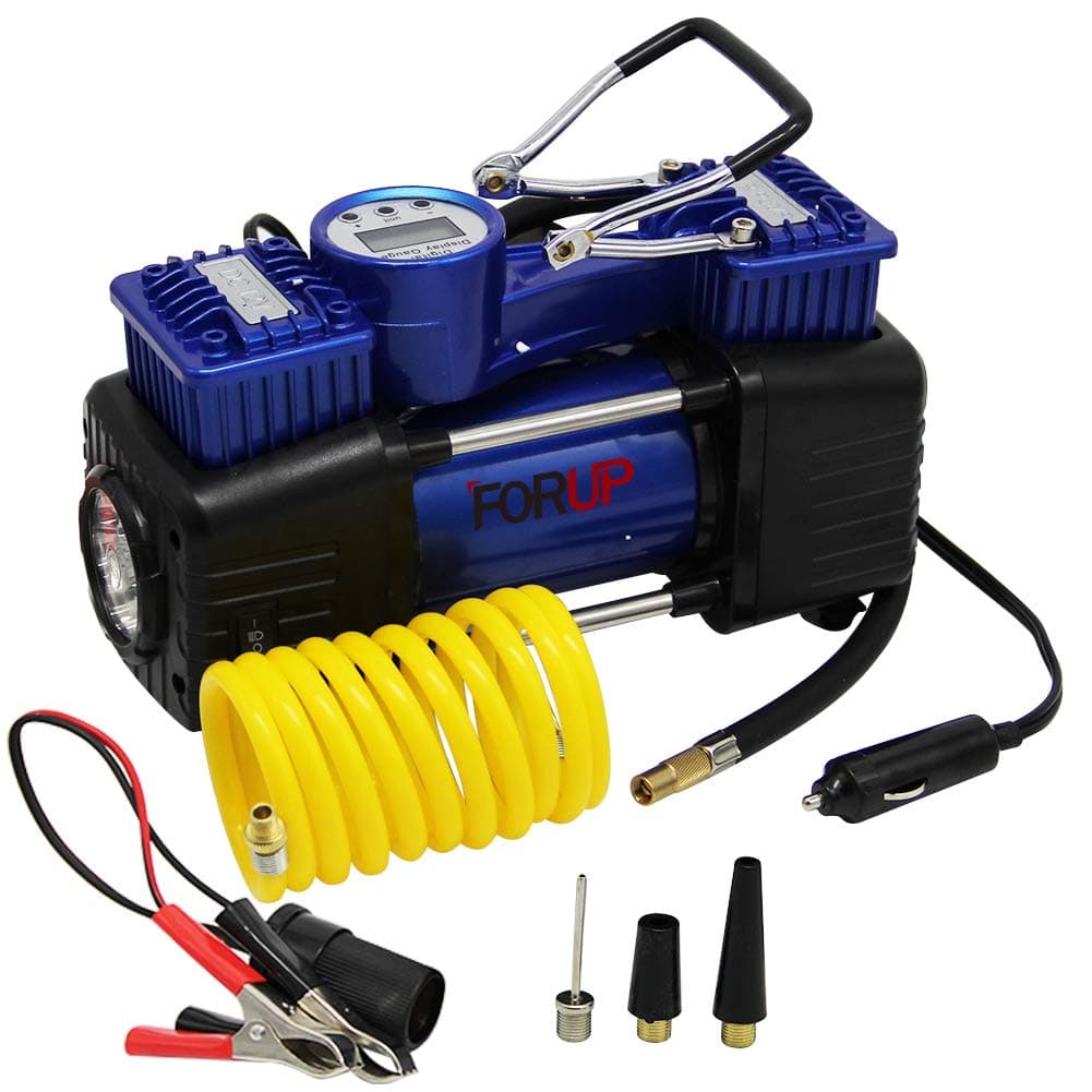 FORUP Compressor, Heavy Duty Portable Air Pump, 150 PSI, LCD Backlit Digital Display, Auto 12V Tire Car, Truck, RV, Bicycle and Other Inflatables (Dual Cylinder)