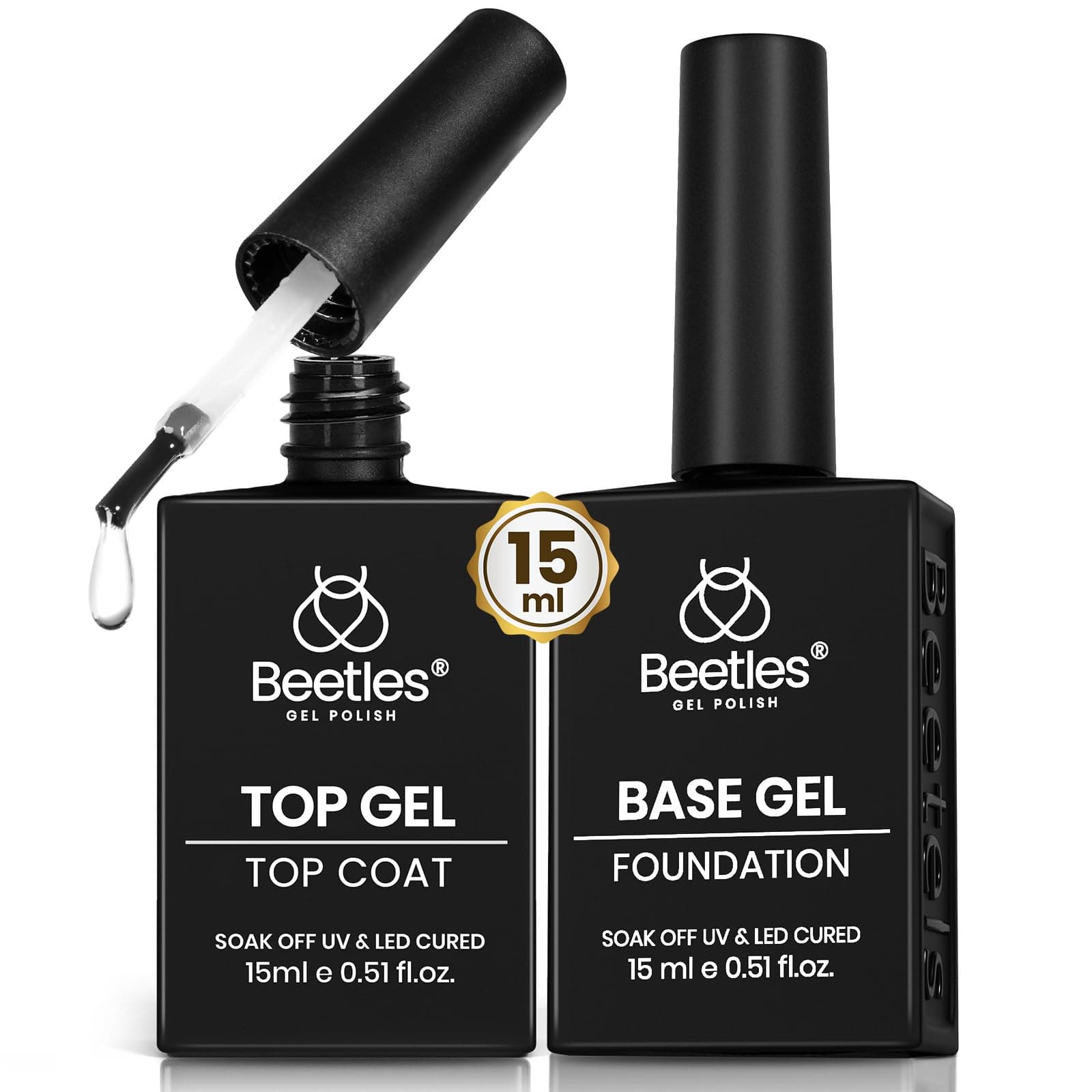 Beetles No Wipe Gel Top Coat and Base Coat Set for Gel Nail Polish - 2Pcs 15ml Super Shiny and Long Lasting Soak Off UV/LED Lamp Nail Art Design Gift