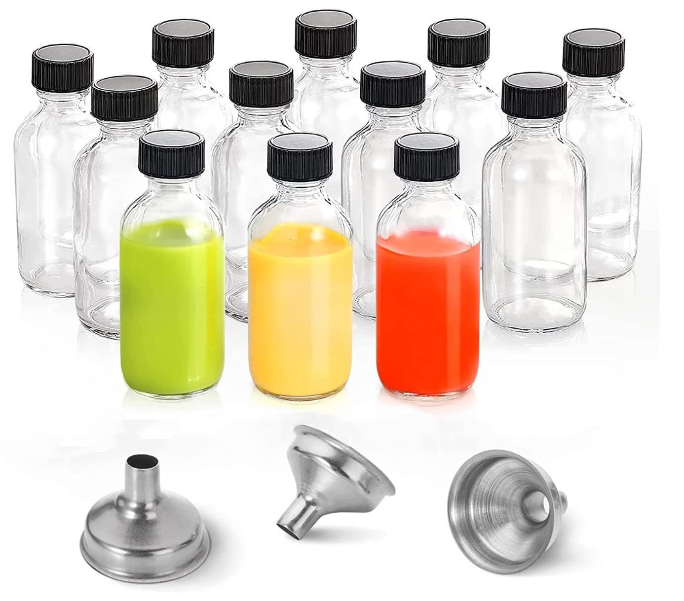 FUFU 12 Pack, 2 oz Small Clear Glass Bottles with Lids & 3 Stainless Steel Funnels - 60ml Boston Round Sample Bottles for Potion, Juice, Ginger Shots, Oils