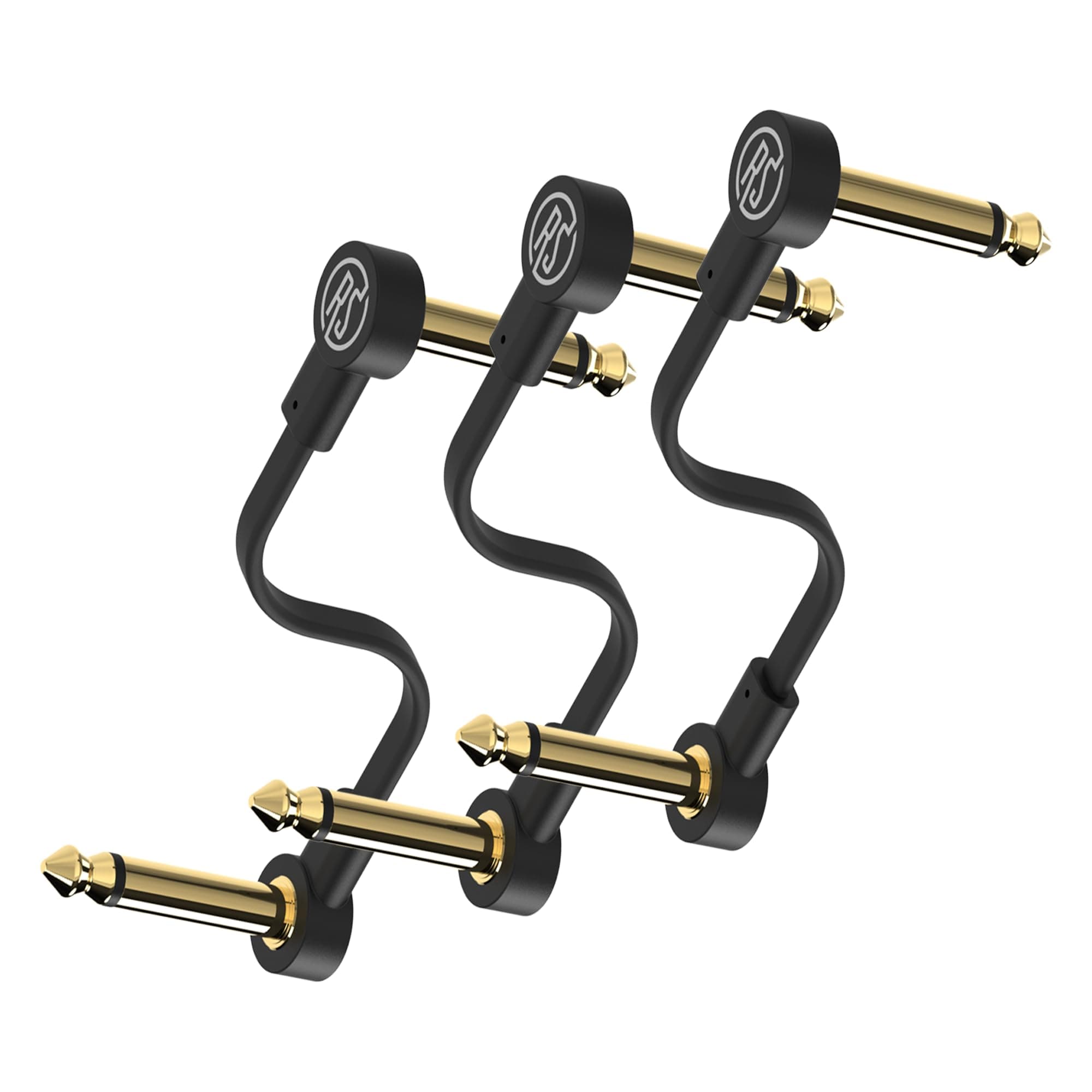 Rock Stock Guitar Flat Patch Cables (Pack of 3) - 6 Inch S-Shape Ultra-Thin Effect Guitar Pedal Patch Cables - Right-Angle, Black with Durable Gold Plated Connectors, Maximize Pedalboard Space