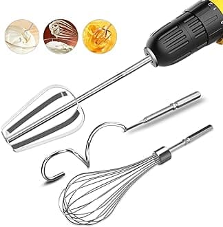 3-Piece Stainless Steel Hand Mixer Attachment Set - Whisk, Dough Hook, Egg Beater for Drills - Dishwasher Safe, 7.5 Inch (Drill Not Included)