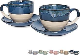 Bosmarlin Ceramic Cappuccino Cup and Saucer Set of 2, 10 Oz, Coffee Cups for Latte, Espresso, Tea, Dishwasher and Microwave Safe, Reavtive Glaze (Deep Blue)