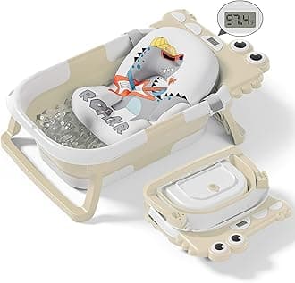 Collapsible Baby Bathtub for Newborn, Foldable Baby Bath Tub with Thermometer & Soft Floating Cushion & Drain Hole, Portable Travel Infant Bath Tubs for Newborns to Toddlers 0-36 Months Boys, Beige