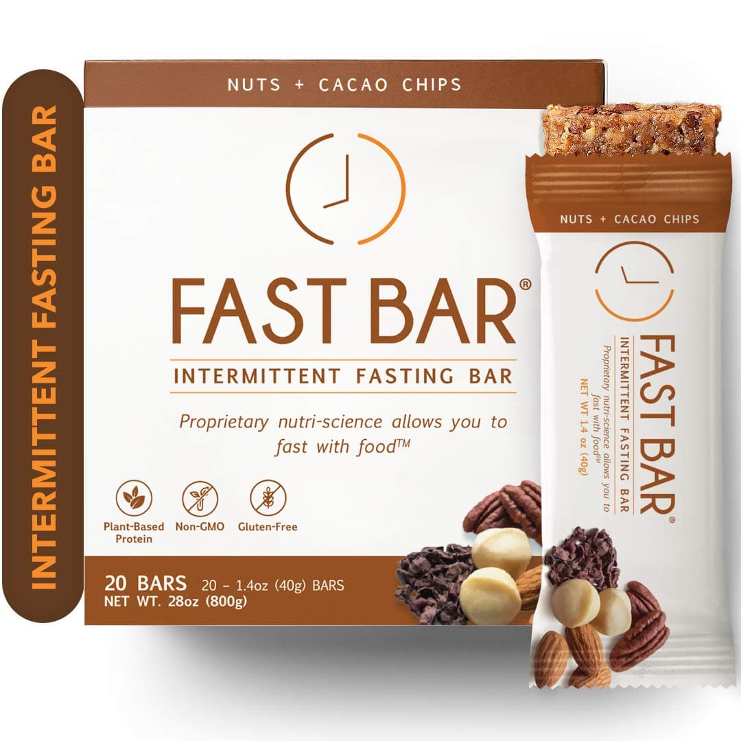 Fast Bar, Nuts & Cacao Chips, Gluten Free, Plant Based Protein Bar For Intermittent Fasting (20 Count Box)