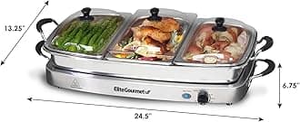 Elite Gourmet Platinum EWM-9933 Maxi-Matic Deluxe Triple Buffet Server Food Warmer Party Tray, Oven-Safe Pan, Gravy & Holiday Essentials, 3 x 2.5Qt, Stainless Steel
