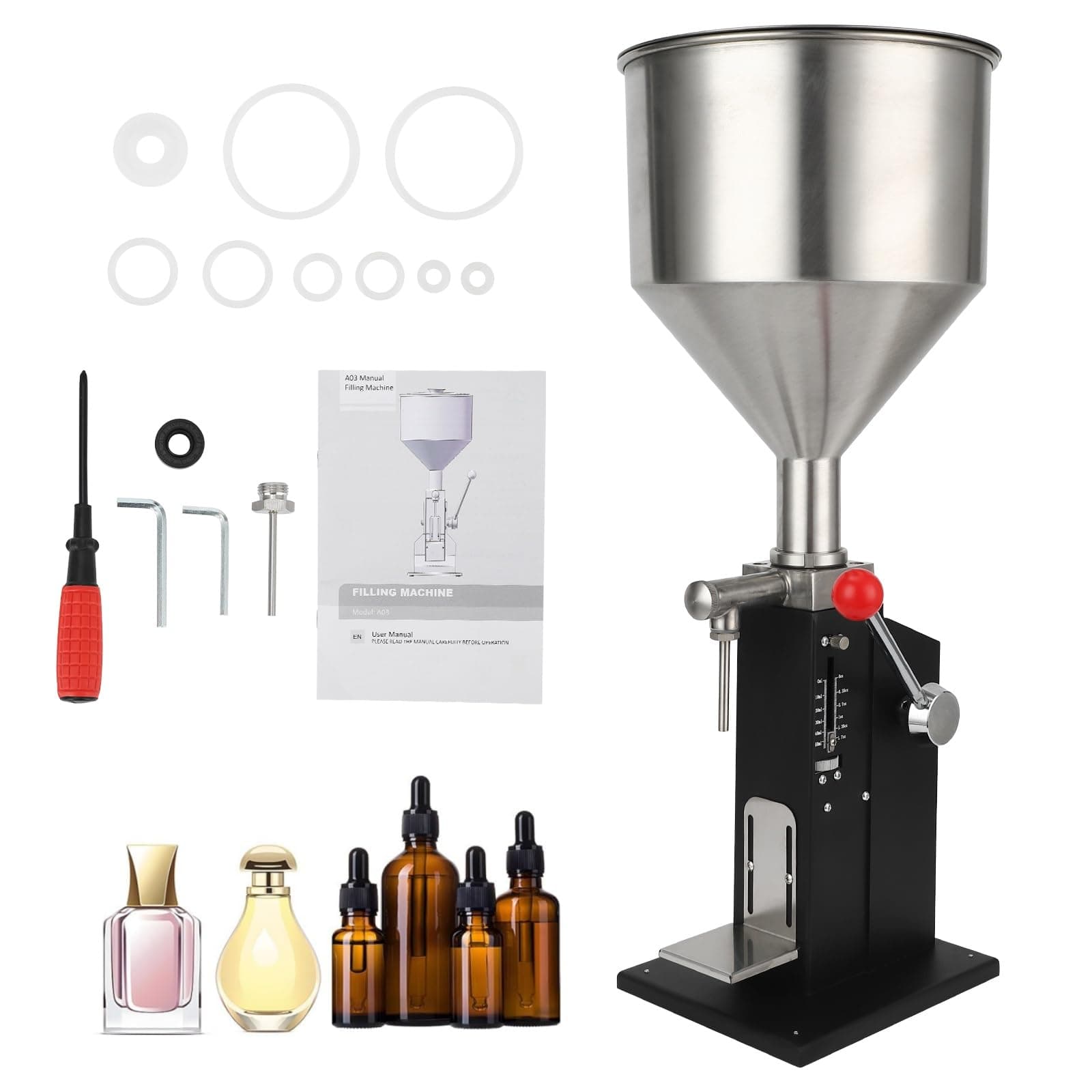Manual Paste Liquid Filling Machine, Adjustable 5-50ml Bottle Filler A03 Pro, Bottle Filling Machine with 10L for Filling Paste/Cream/Cosmetic/Perfume/Drink//Shampoo/Lip Gloss