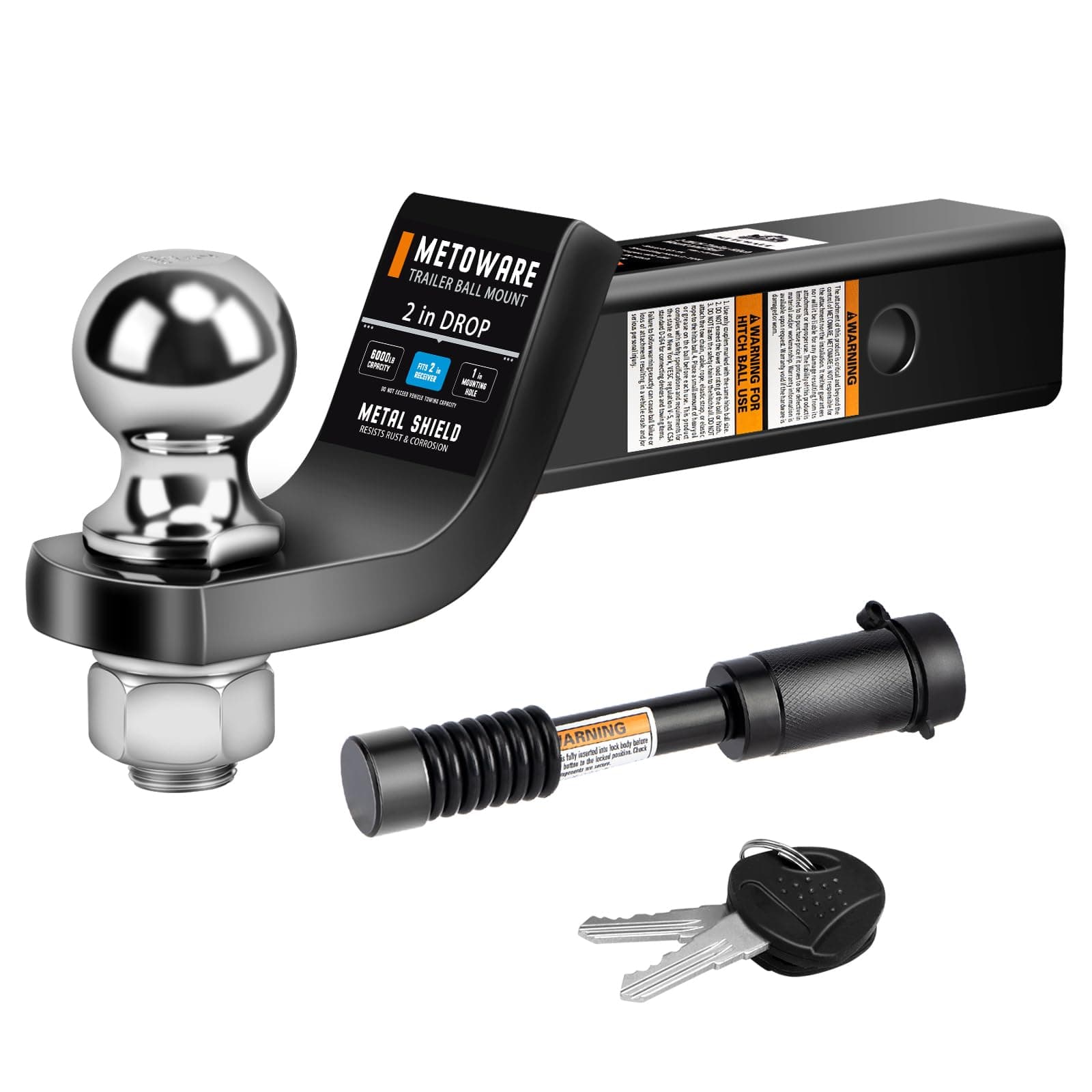 Trailer Hitch Ball Mount, 2" Drop Hitch with 2" Ball, 6,000 lbs GTW Fits 2" Receiver for Truck SUV Boat RV, Solid Steel Towing Kit with Hitch Lock, Black