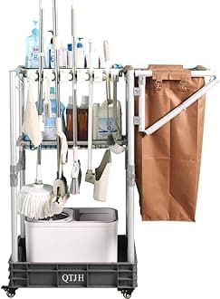 Janitorial cart Housekeeping cart Cleaning Cart on Wheels Housekeeping Caddy with Shelves Broom mop Holder