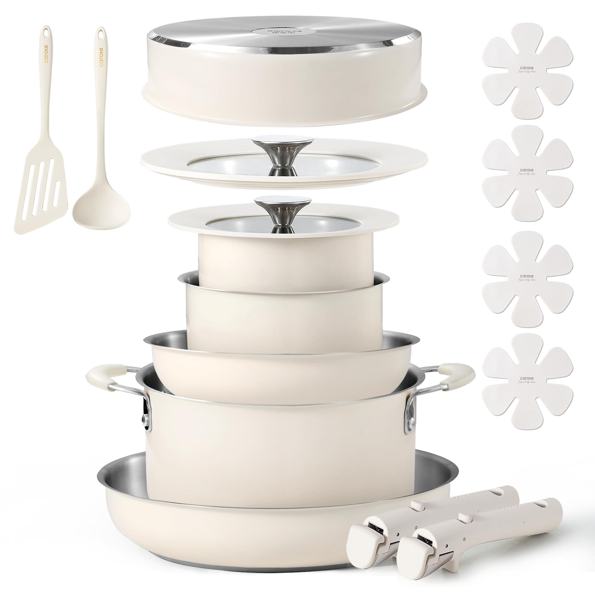 CAROTE 16Pcs Stainless Steel Cookware Set With Detachable/Removeble Handle Set, Space Saving Pots and Pans Set, RV Camping Set, Outer Ceramic Layer Nonstick, Dishwasher/Oven Safe, Kitchen Cooking Set