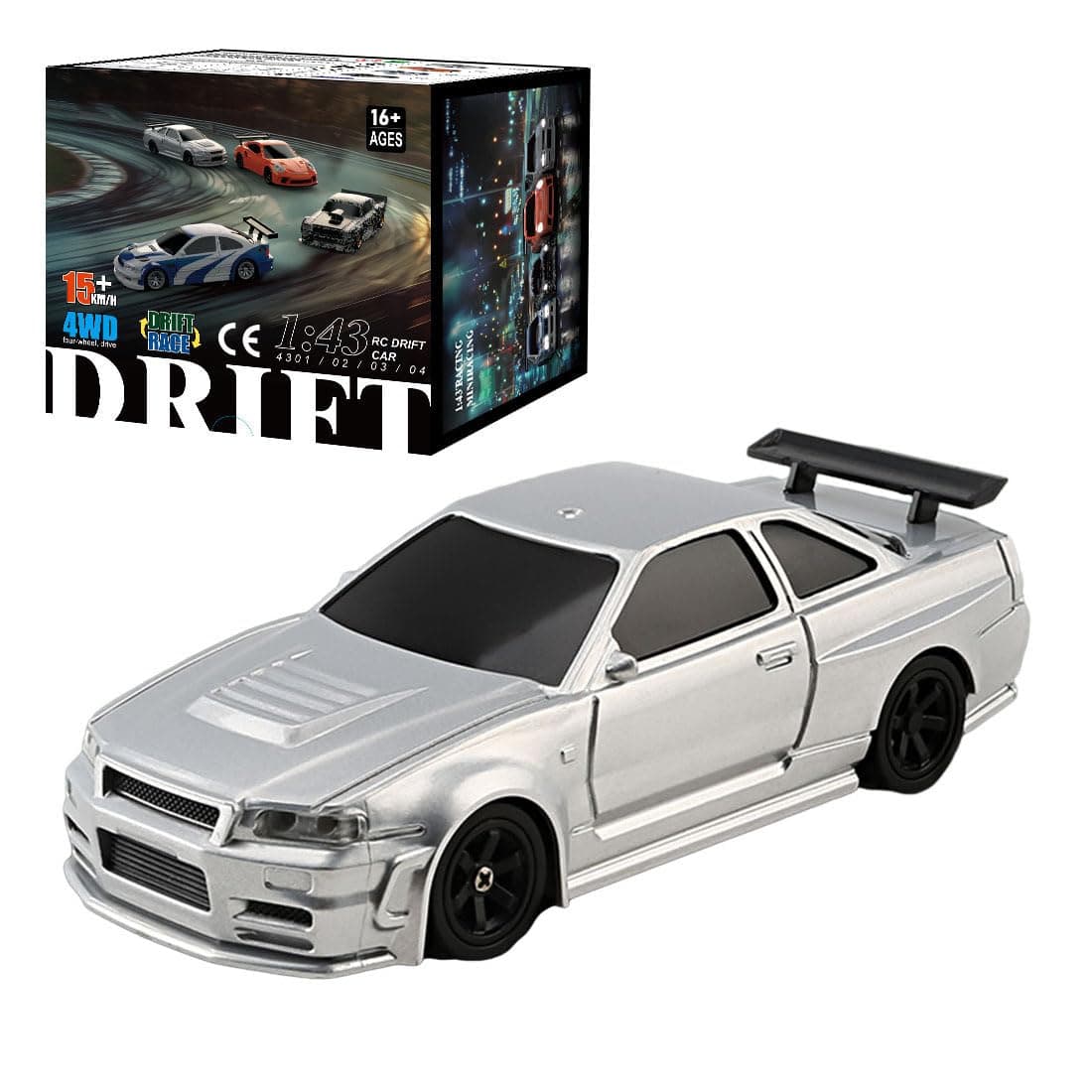 FunXylophy RC Sport Racing Drift Car, 1/43 Scale 2.4G 15KM/H Full Proportional RC Electric Mini Racing Drift Car Model with Lights Kit and Drift Tires (Silver)