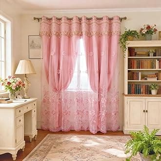 Amidoudou 1 Pair European Double Layer Curtains for Living Room Bedroom Luxury Flower Embroidered Curtains with Valance (Pink,52x90 Inch)